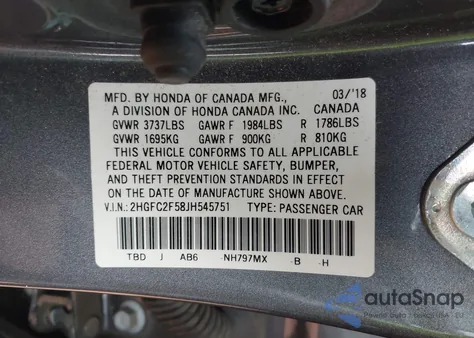 2018 Honda Civic Lx z USA, uszkodzony, nr VIN 2HGFC2F58JH545751